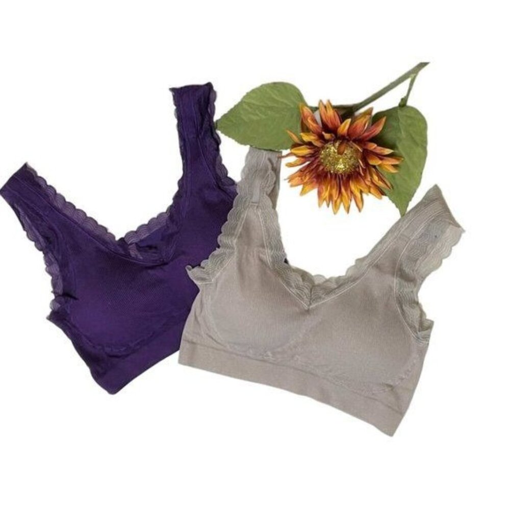 Rhonda Shear 2pk Forever Stretch Ahh Ribbed Knit Bra w/Lace Trim SMALL